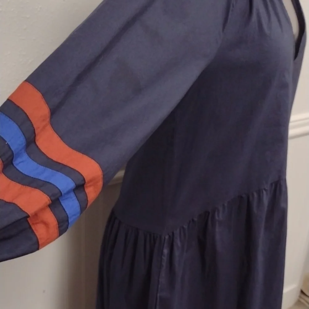 Sundry 100% Cotton Navy Midi Dress with Red and Blue Accents Boho BohemianCasual - Picture 5 of 12